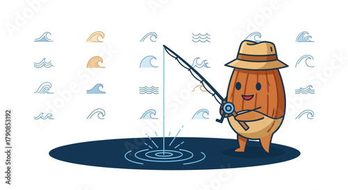 A Cheerful Nutty Character Fishing At The Calm Lake Near The Coast With Waves