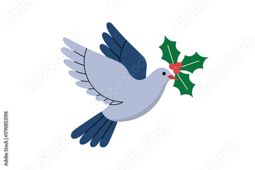 A stylized dove with a sprig of holly and berries in its beak flies against a white background, symbolizing peace and the holiday season.