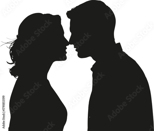 Romantic couple side profile silhouettes facing each other