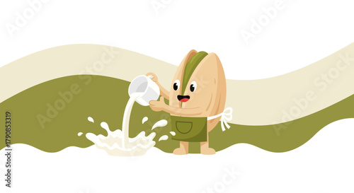 A Cheerful Pistachio Character Pouring a Delightful Splash of Creamy Fluid