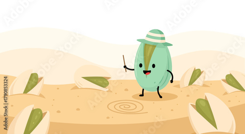A Cheerful Pistachio Character Pointing in the Sand with Other Pistachios Nearby