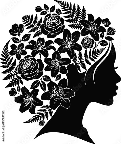 Elegant abstract female profile with floral hair silhouette
