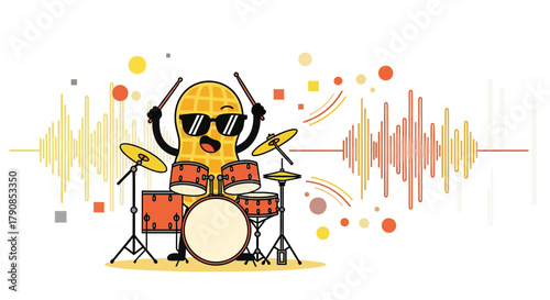 A Funky Peanut Character Playing the Drums with Sound Waves and Musical Melodies
