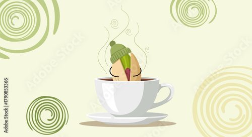 A Cheerful Pistachio Nut Enjoys A Warm Drink In A Cozy Cup Of Coffee