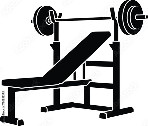 Adjustable Incline Weight Bench with Barbell Rack Gym Design Vector silhouette