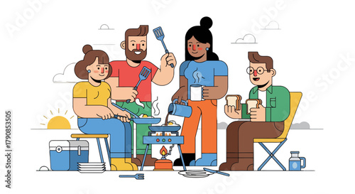 A Group Of Friends Making Breakfast Together Camping Under A Sun Filled Sky