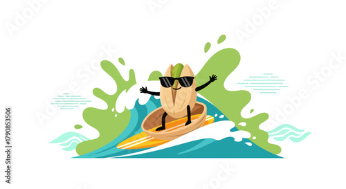 A Cheerful Surfing Pistachio Enjoying Summer Fun on The Beach and Riding The Perfect Wave