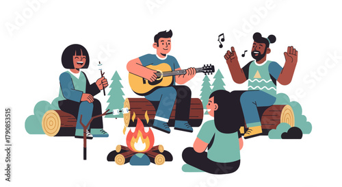 A Group Of Friends Playing Music And Enjoying A Bonfire Together Outdoors