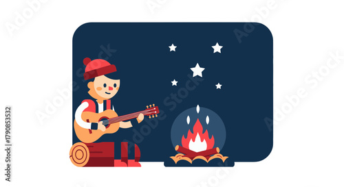 A Harmonious Night: Guitar Player by a Campfire Under a Starry Evening Sky
