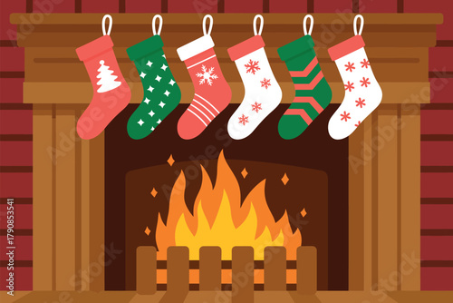 Six festive Christmas stockings hang above a warm fireplace, ready for Santa's gifts.