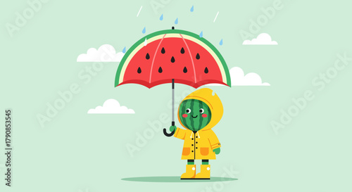 A Cheerful Watermelon Wearing a Yellow Raincoat under a Big Fruit Umbrella in the Rain