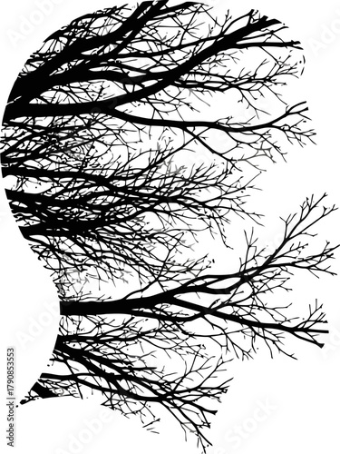 Human head silhouette with tree branches double exposure