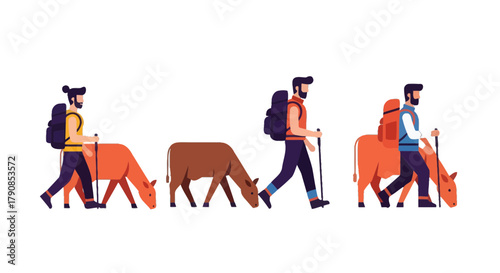 A Hiker Leads Cattle Across A Sparse Plane: Vector Illustration In Flat Design