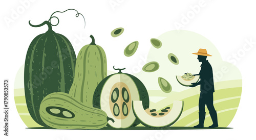 A Green Harvest Illustration Depicting Melons Fruits Seeds And A Farming Figure