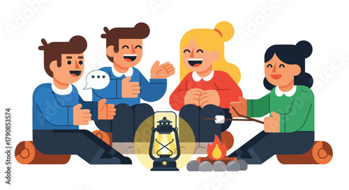 A Group Of Friends Is Sitting Together Around A Campfire Talking In The Night