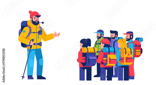 A Hiking Guide Explaining the Route to a Group of Hikers During an Expedition