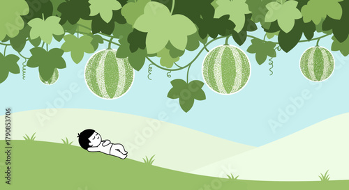 A Kid Napping Under Watermelons and Lush Vines on a Serene Summer Day