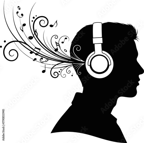 Minimalist person with headphones music silhouette banner design