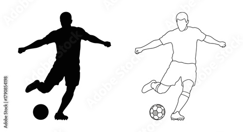 Two soccer player silhouettes one dark and one outlined in action