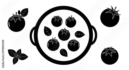 A black and white illustration depicting a tray of tomatoes and leaves