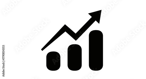 Simple black and white graphic depicting a rising bar chart with an upward trend