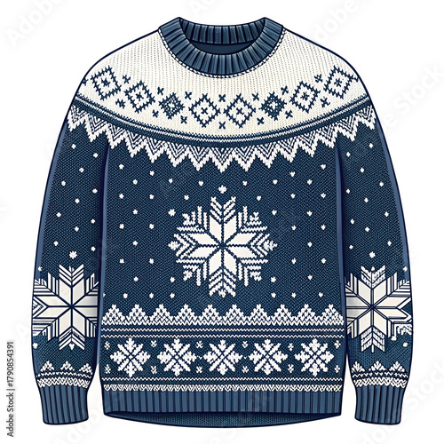 Cozy navy blue and white snowflake pattern knitted christmas sweater