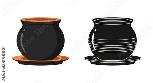 Two ceramic pot illustrations one solid black and one with white lines