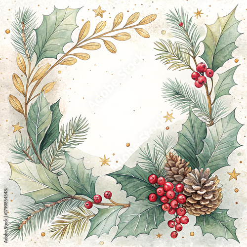 Festive christmas wreath with pine cones and red berries watercolor illustration