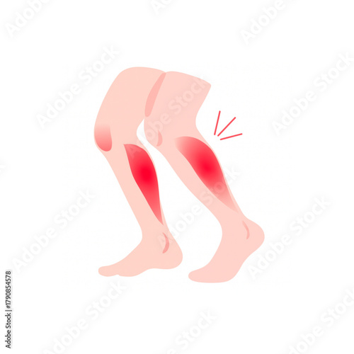 Experiencing calf muscle pain with red inflammation highlights and radiating lines indicating discomfort, seeking relief.