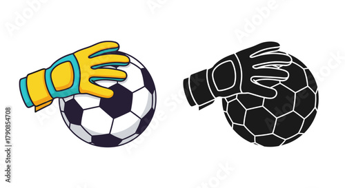 Cartoon illustration of a soccer ball and goalkeeper gloves in color and silhouette