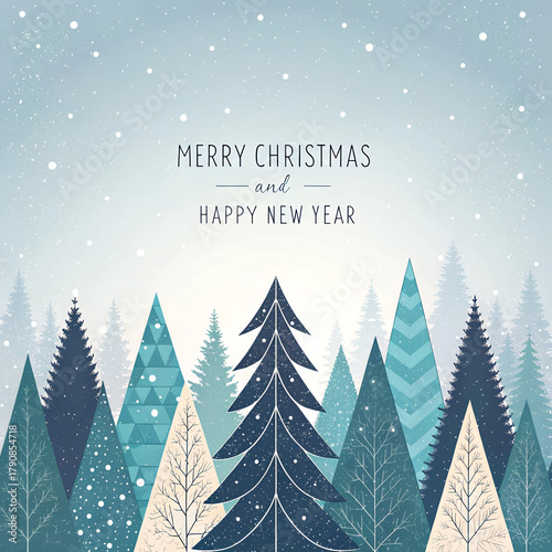 Whimsical snowy forest with merry christmas and happy new year greeting