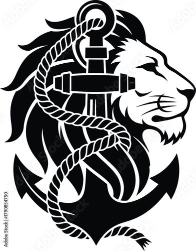 Majestic Lion with Ship Anchor and Rope Nautical Royal Symbol Vector silhouette