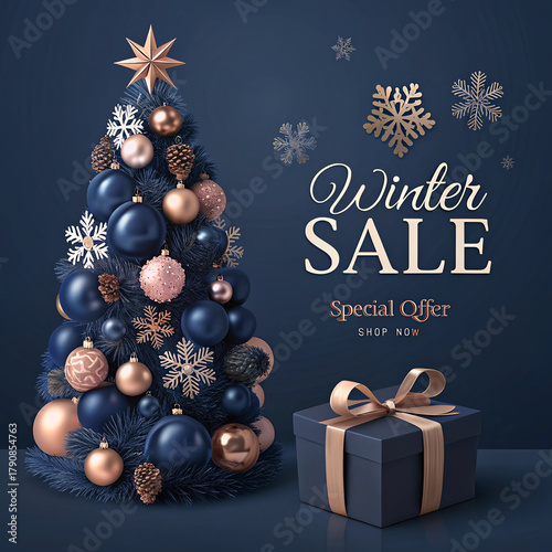 Festive christmas tree with ornaments and gift box announcing winter sale