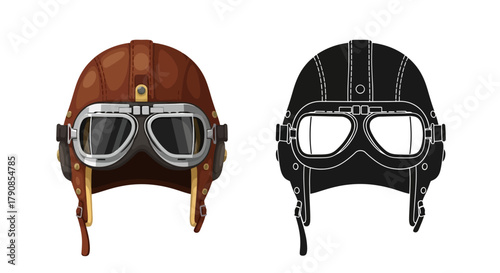 Vintage aviator helmets displayed in color and monochrome silhouette style