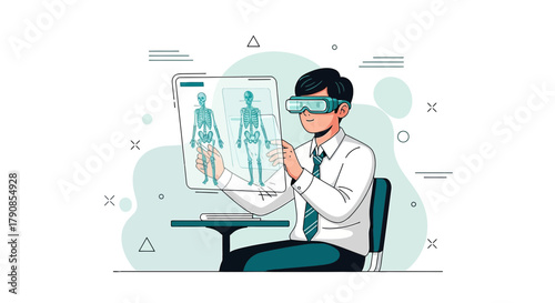 Medical professional examining human skeletons in virtual reality with glasses