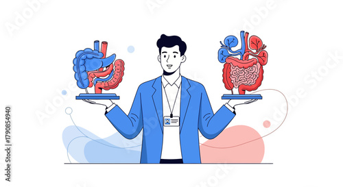Medical professional holding digestive system models for educational illustration medical training