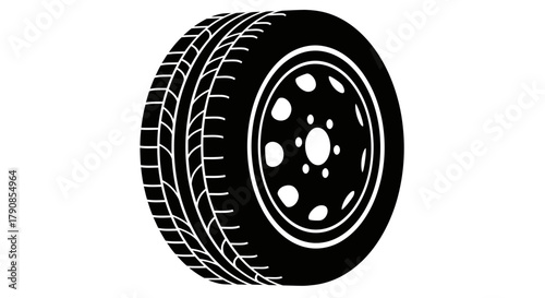 Simple black and white illustration of a car wheel and tire design