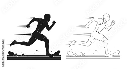 Two runners in motion a silhouette and a line art depiction