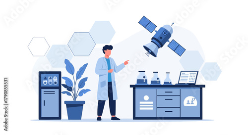 Modern scientific research concept depicting a scientist and satellite in a laboratory environment