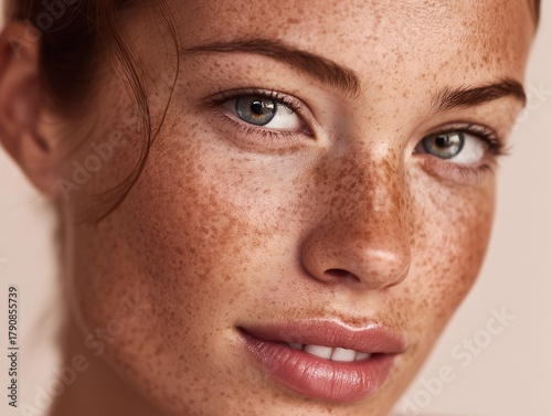 Realistic close-up portrait of freckled skin and glowy natural complexion