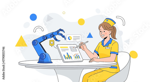 Nurse collaborating with advanced robot technology for enhanced healthcare solutions