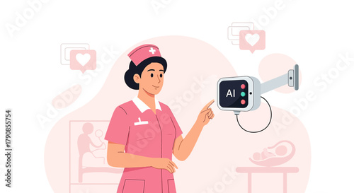 Nurse using ai monitoring system for patient care providing advanced technology