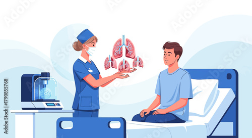 Nurse presenting lung transplants options to patient in hospital setting illustration