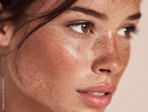 Freckles close-up showing natural skin texture and glowing complexion