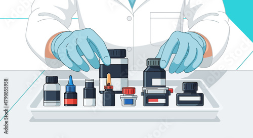 Pharmaceutical research and development concept: A chemist prepares medication in a lab environment
