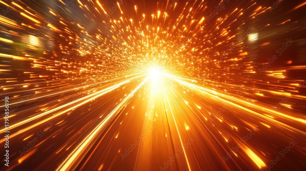 Obraz premium Truck illuminated with golden sun rays, motion blur highway view 