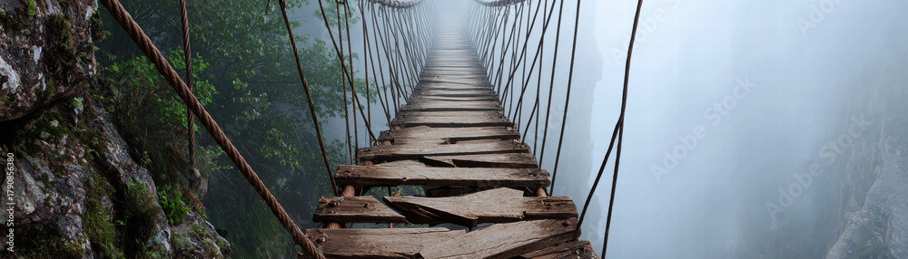 Obraz premium Rickety rope bridge with broken planks spanning misty canyon, evoking danger and solitude in dramatic mountain scene