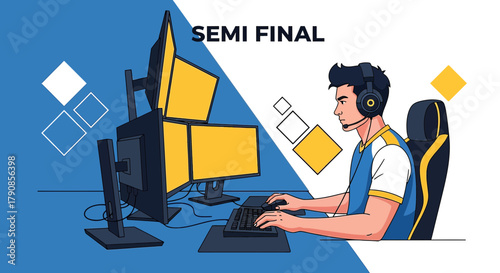 Professional Gamer in Intense Semi-Final Match with Multi-Screen Setup and Headset