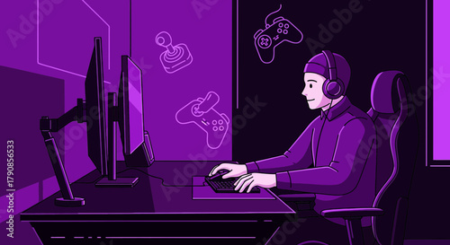 Purple themed illustration of a gamer playing video games at his computer setup
