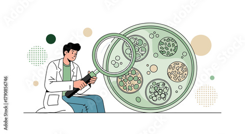 Researcher meticulously examining bacteria cultures with magnifying glass in laboratory environment